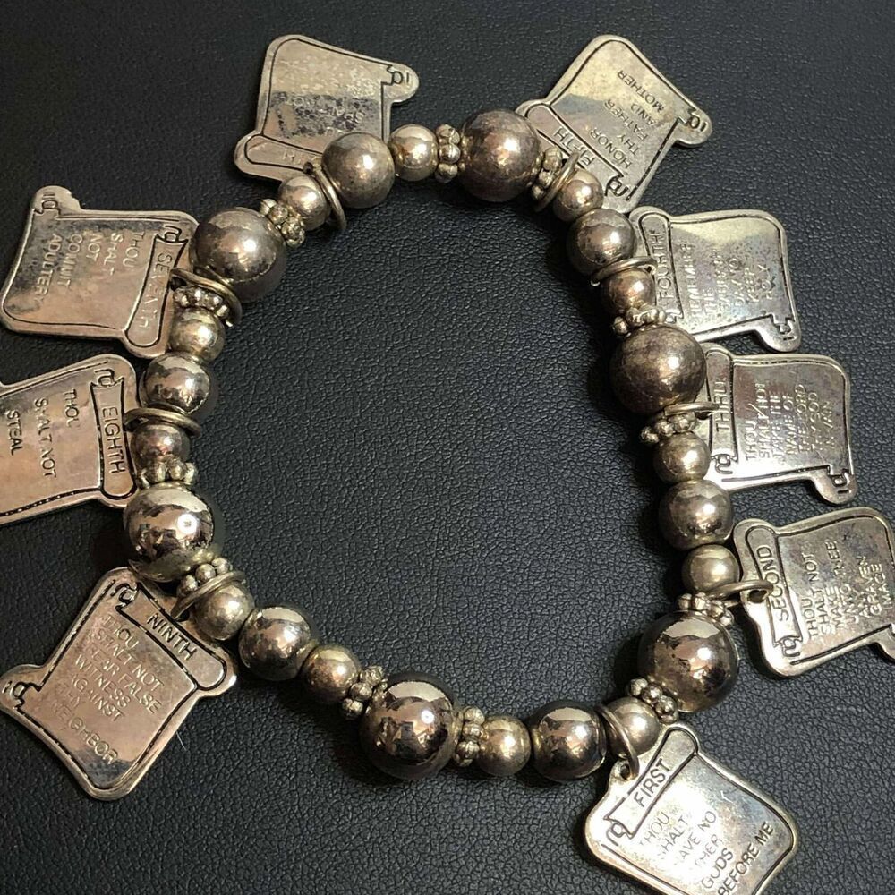 1935 Vintage 10 Commandments Charm Stertch Bracelet Silver tone *